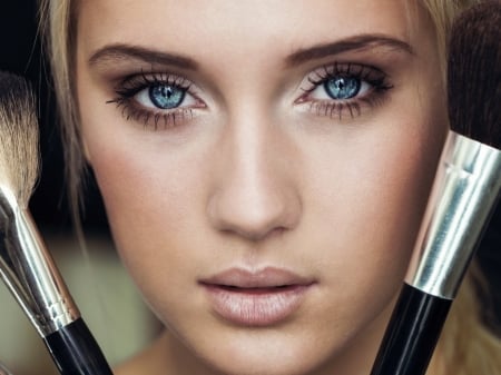 Makeup girl - brushes, blue eyed, beauty, blond