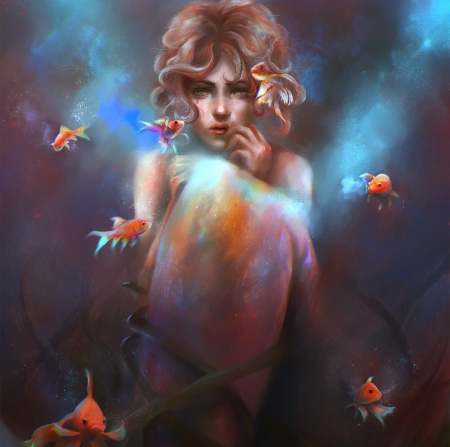 The Secret pond - art, abstract, lady, fishes