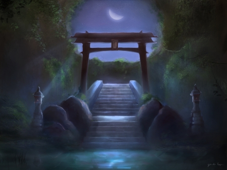 The Lost Temple - moon, night, art, temple