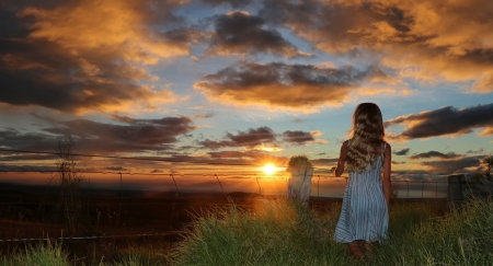 Summer Sunset - blonde, girl, sunset, clouds