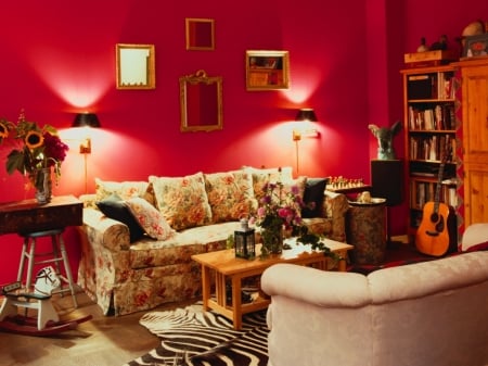 Gorgeous interior - style, fushia, guitar, sofas