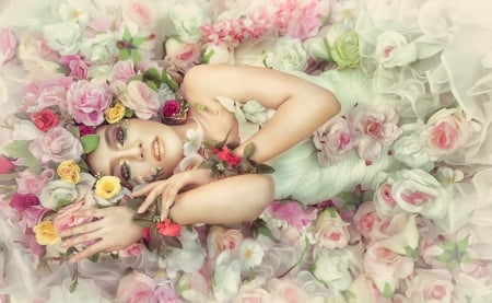 Beauty - flowers, lying, woman, model