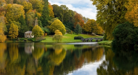 Autumn River - house, trees, park, bridge