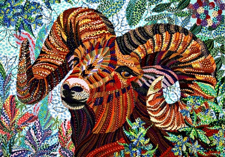 Zodiac ~ Aries - apinting, aries, orange, erika pochybova, horns, pictura, animal, green, texture, zodiac, art