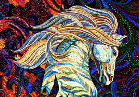 Horse - blue, orange, erika pochybova, horse, pictura, fantasy, white, painting, texture, art