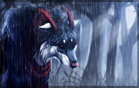 sadness - sadness, blue, wolf, horns, creature, wolfroad, fantasy, red, digital, rain