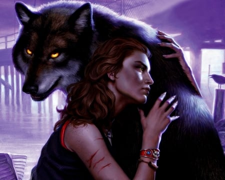 One soul - purple, animal, girl, art, wolf, fantasy, patricia briggs, yellow eyes, woman, freckles