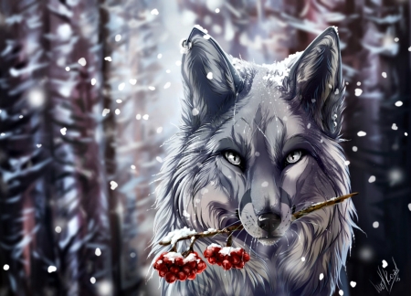 Frozen - winter, wolf, snow, berry, wolfroad, fantasy, frozen, white, red, digital