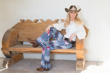 ~Cowgirl~ - jewelry, belt, hat, cowgirl, bench, boots, blonde