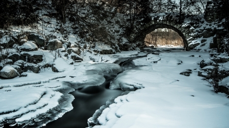 stone bridge over stream in winter hdr - arch, forest, stream, winter, stones, hdr, bridge