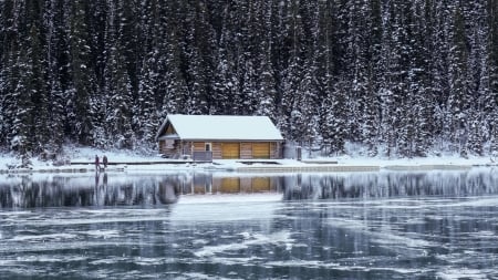 Little House - forest, winter, people, river