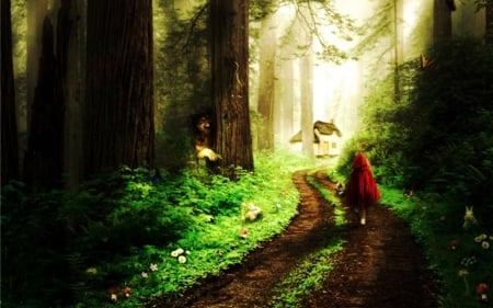 Red Riding Hood - fairytale, forest, light, artwork, child, path