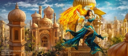 Summer Queen - digital, pretty, beautiful, girl, art, fantasy, flaming wings, city, female, woman, angel