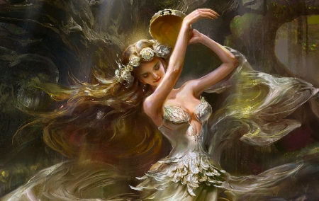 Dancing Nymph - digital, pretty, beautiful, girl, art, fantasy, flowers in hair, female, woman, dancing