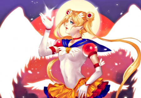 Sailor Moon - anime, judaru, blue, angel, pink, sailor moon, manga, white, red, wings, luna