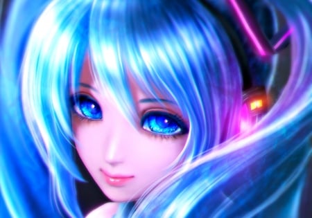 Hatsune Miku - anime, vocaloid, blue, girl, hatsune miku, pink, manga, takaki, face, luminos