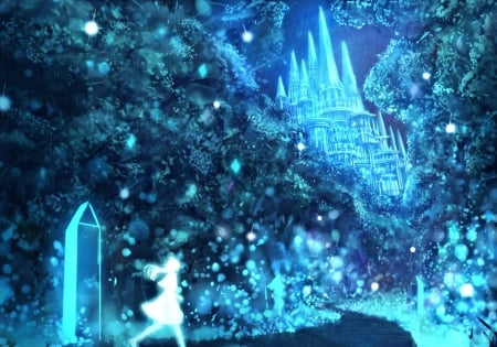 Blue castle - fantasy, castle, anime, luminos, girl, bou nin, blue, manga