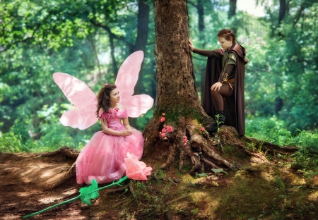 Fairy and knight - wings, baiat, fantasy, littel, children, couple, girl, fetita, child, copil, creative, woods, forest, boy, situation, pink, fairy