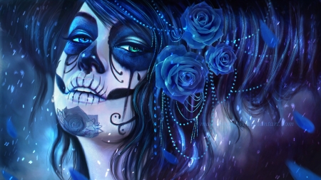 Dia de los muertos - blue, sugar skull, girl, dia de los muertos, magicnaanavi, flower, fantasy, mask, rose, halloween, luminos