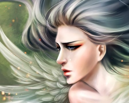 Angel - woman, girl, angel, leejun35, wings, fantasy, face, art, feather