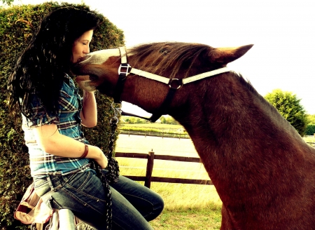 Let's Smooch - style, girls, western, women, models, ranch, cowgirls, horses, brunettes, fence, fun, female, fashion