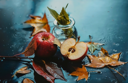 Still Life - leaves, apples, drops, autumn