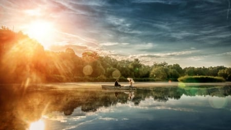 Lake - sunset, nature, boat, two, lake, color, love, sky