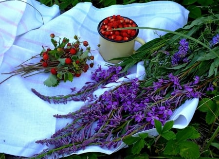 Fruits and Flowers - strawberries, flowers, tablecloth, mug