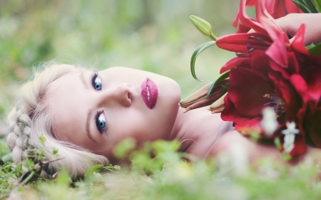 Beauty - beauty, woman, girl, red, green, model, flower