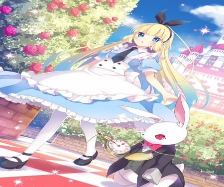 Alice - alice, rabbit, girl, wonderland, anime, long hair, fantasy, blonde