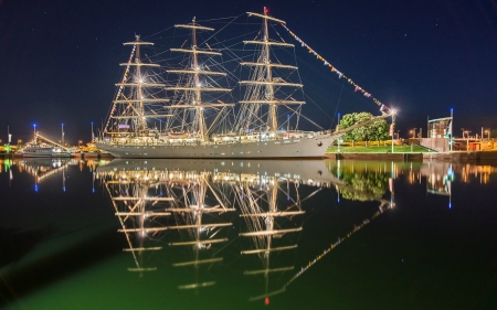 Tall Ship at Night - night, reflection, tall ship, lights