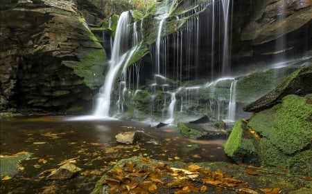 Autumn Waterfall - nature, autumn, leaves, moss, waterfall, rocks