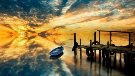 Boat in Lake - sky, sunset, clouds, boat