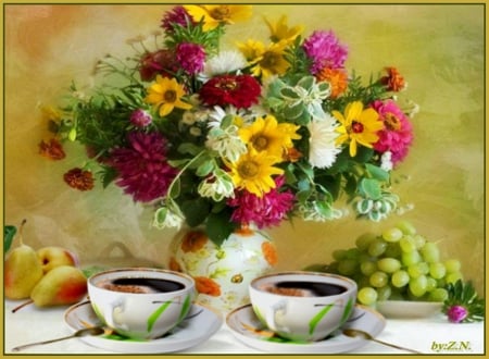 Still life - morning, fruktis, coffee, flowers