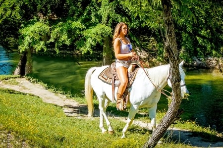 River Trail Ride - style, girls, western, women, models, ranch, cowgirls, horses, brunettes, trail, river, fun, female, boots, fashion