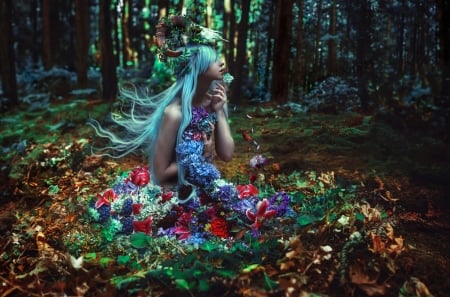 Forest creature - fairytale, red, flower, forest, model, tale, girl, blue, fantasy, woods, asian, woman, horns, green