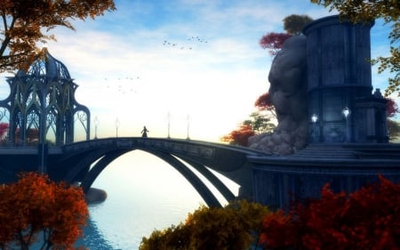 Devil's Bridge - fantasy, water, woman, autumn, colors, leaves