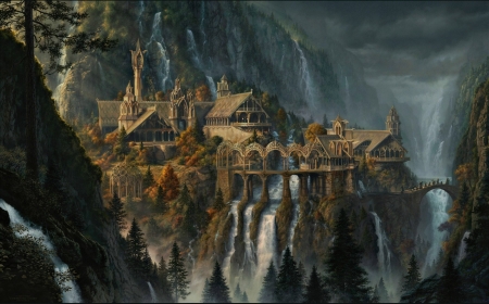 Rivendell - game, stone, rivendell, elf, fantasy, world, waterfall, autumn, lotr, art, castle