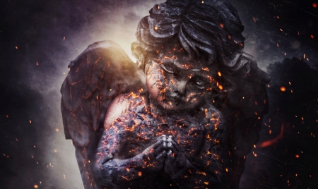 Angel - game, stone, angel, baby, dark, black, burning, fire, wings, luminos