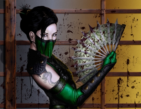 Fighter - woman, fan, girl, fighter, blood, asian, tattoo, game, yellow, snake, dragon, green