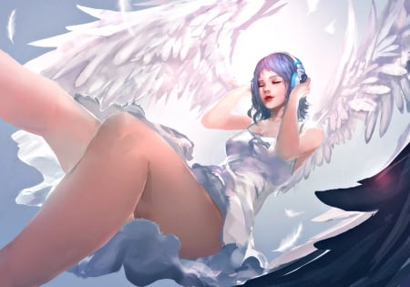 Angel - cglas, blue, girl, feather, angel, ng yong hui, fantasy, headphones, white, woman, wings, art