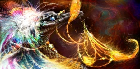 Dragon - blue, feather, creature, fantasy, white, dragon, red, green, seahorse, golden, art