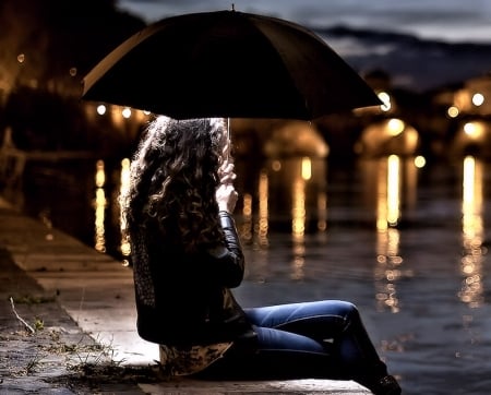 Woman with Umbrella - Umbrella, pretty, Woman, Night