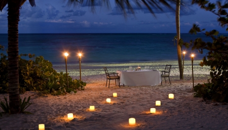 Romantic evening - ocean, beach, candles, sunset, view, the ocean, evening, romantic, romance, dinner