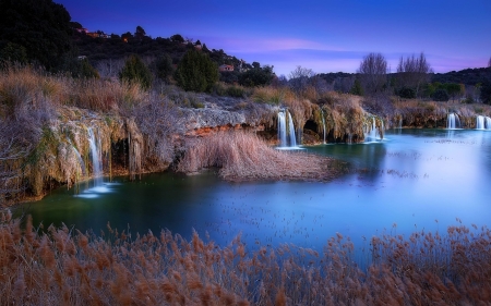 Village on a hill - hill, trees, evening, landscape, village, nature, waterfall, spain, lake