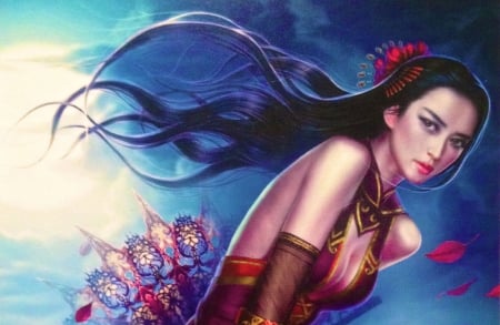 Whispers in the Wind - pretty, female, image, beautiful, girl, long hair, drawing, fantasy, painting, digital, woman, flowing, nice, art, asian