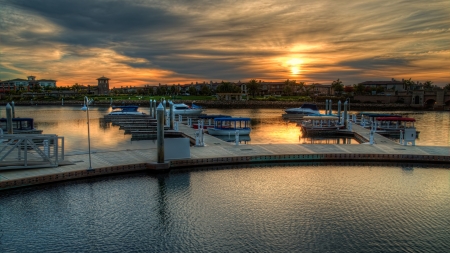 sunset over harbor marina hdr