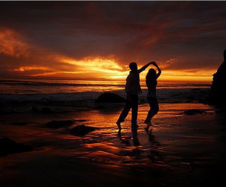 Beach Dance at Sunset - clouds, sunset, beach, model, dance, couple