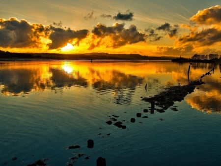 Reflection Sunset - nature, sky, lake, reflection, clouds, sunset