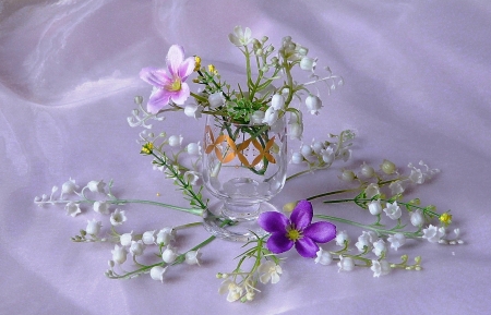 Soft beauty - beauty, glass, soft, photography, delicate, still life, spring, white, purple, pink, petals, lilies of the valley, golden, flowers